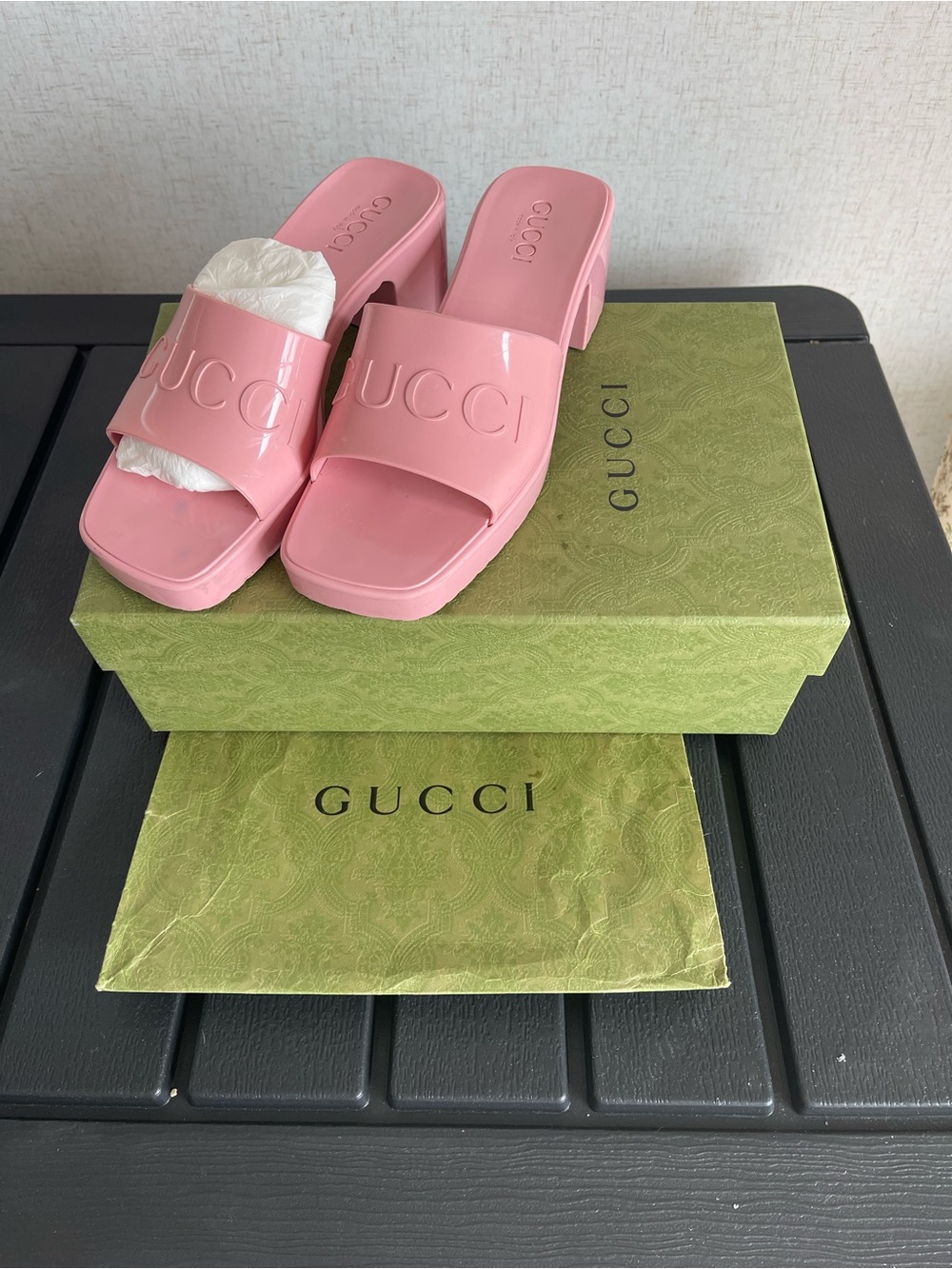 Gucci Pink Patent Logo Slide Mules